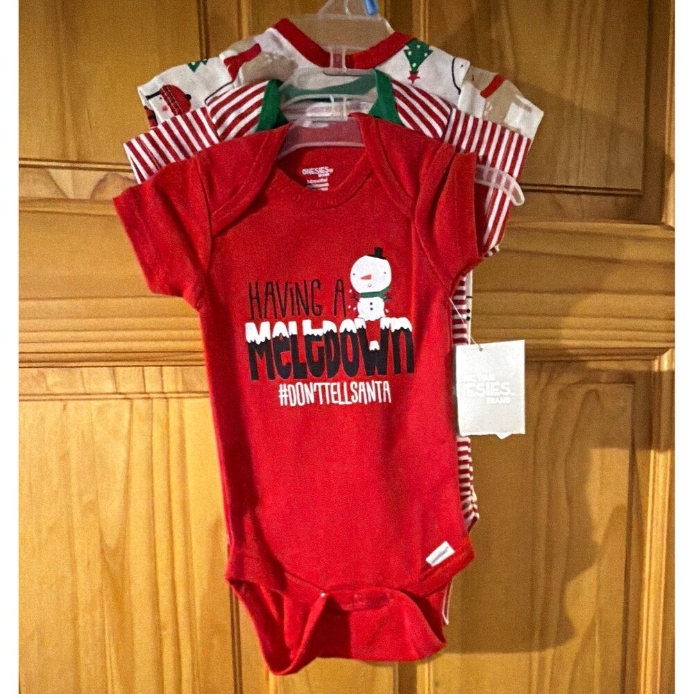 Onesies Brand 3pc Baby Bodysuit Set 3-6M Cotton Knit Xmas Snowman Stripe